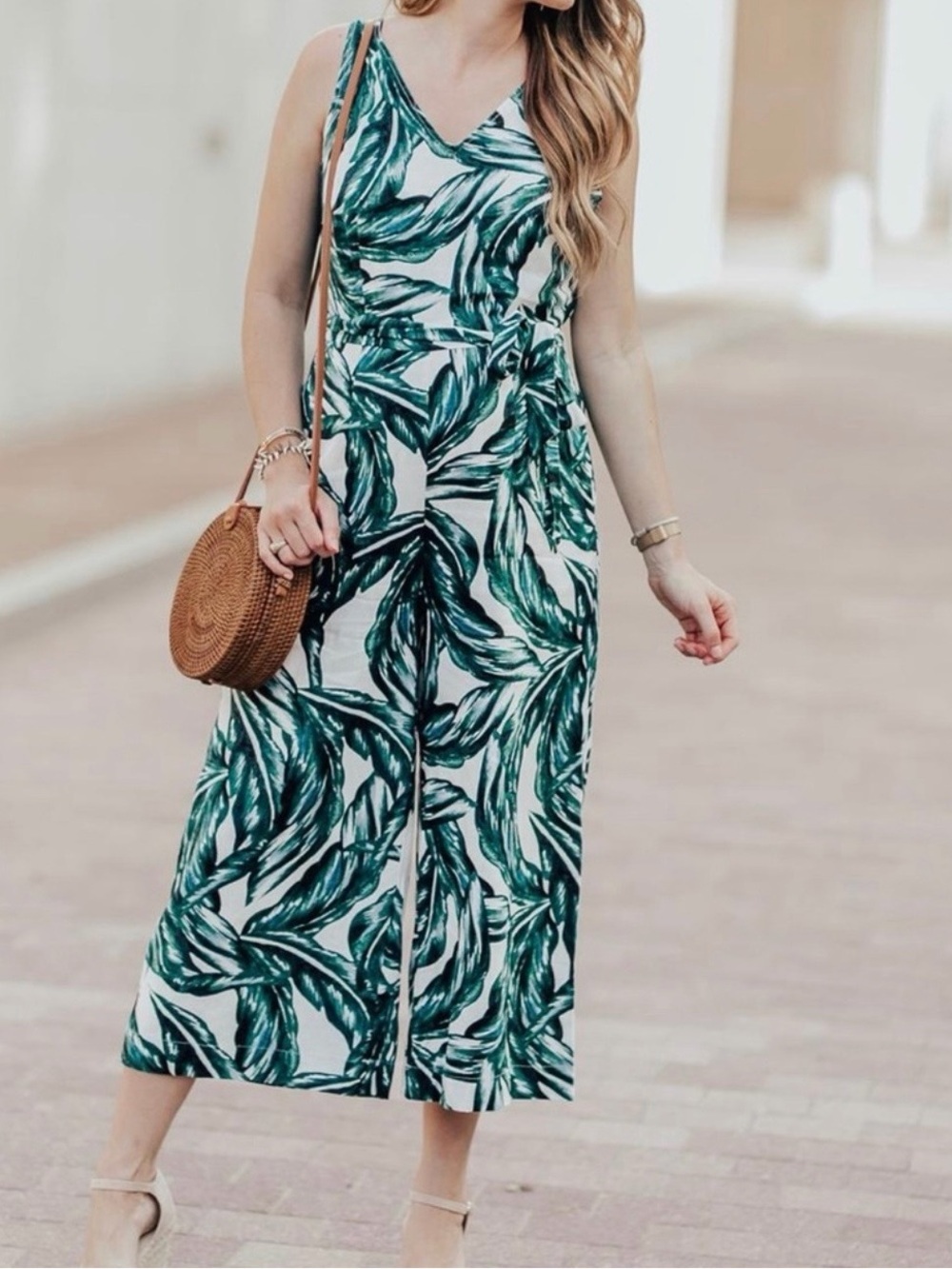 Women's Linen Blend Palm Print Jumpsuit, Who What Wear, Size Large